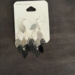 Icing Multi-Tone Leaf Drop Earrings in Silver & Black